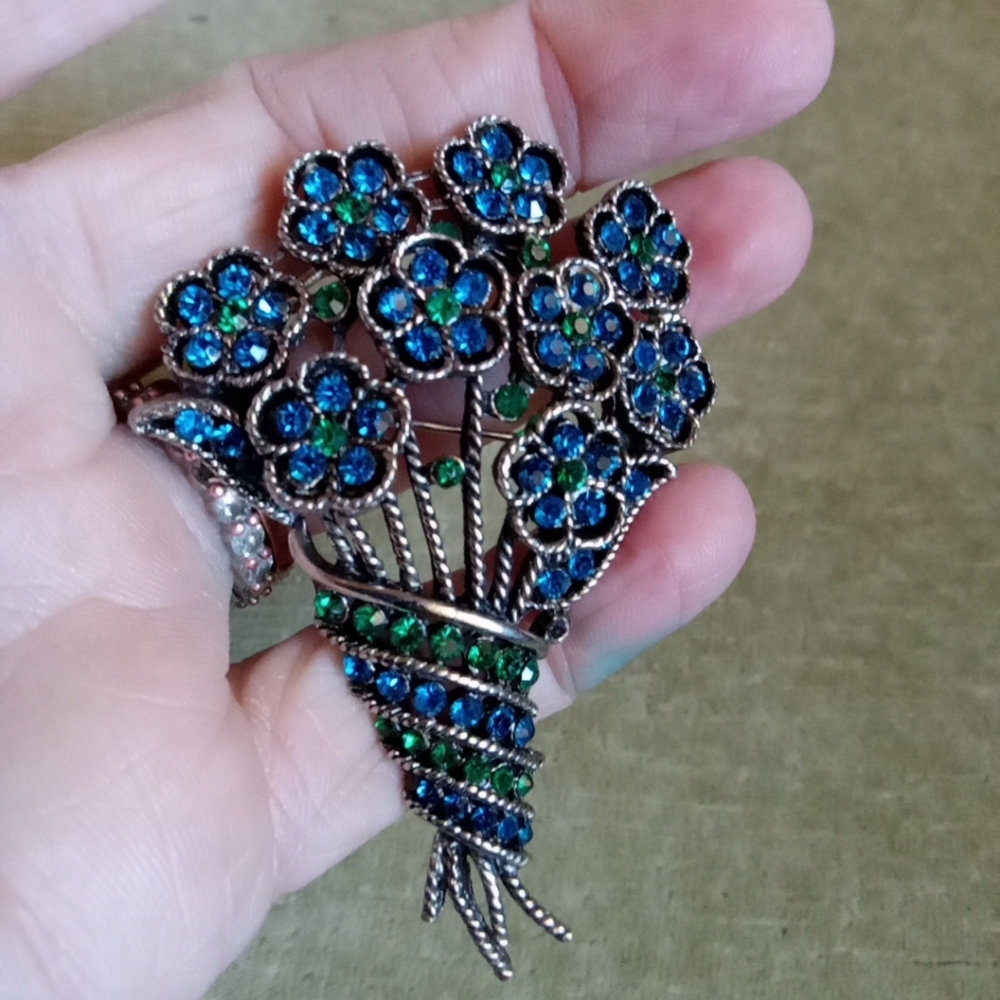 Vintage Blue And Green Gem Floral Brooch
